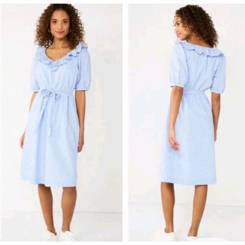 Draper James Gingham Dress Plus Sz 3X Blue Puff Sleeve Ruffle Cottage Romantic - Picture 5 of 16